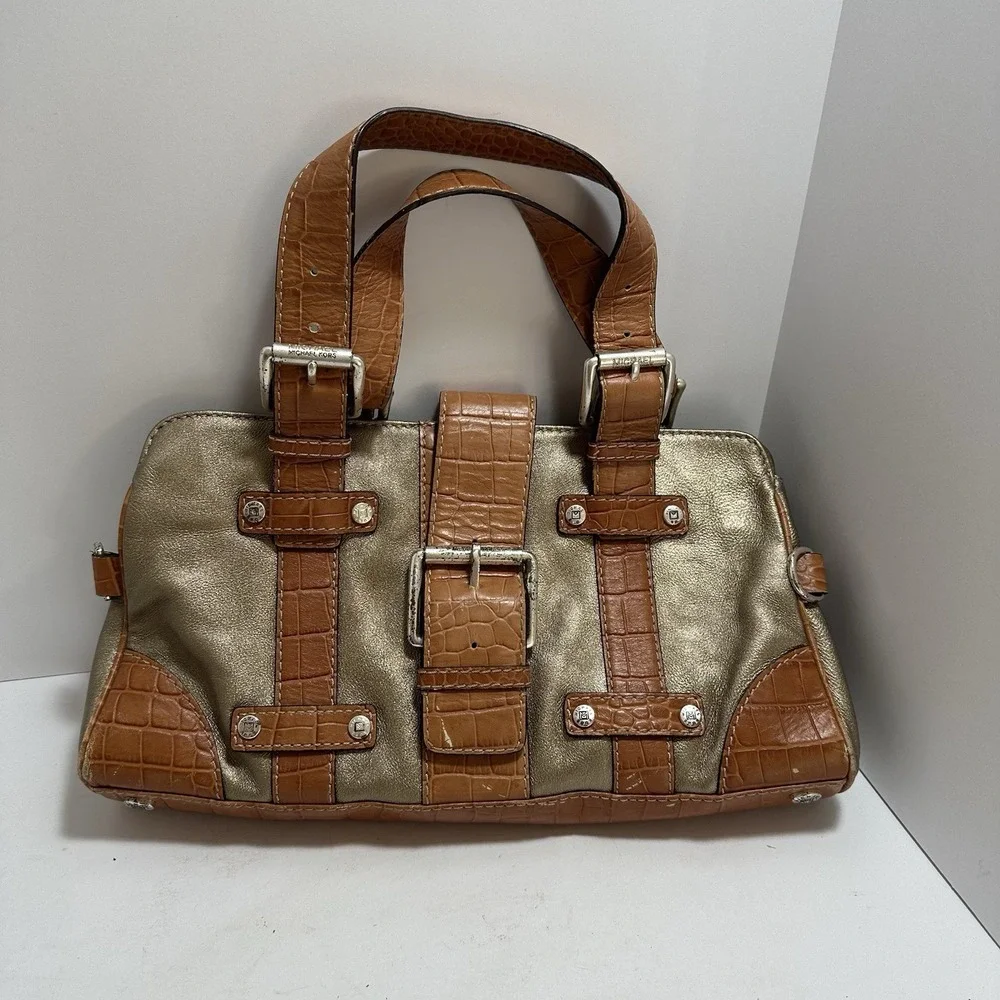 Vintage Michael Kors Leather Purse Gold‎ Handbag Brown Croc Embossed Studded